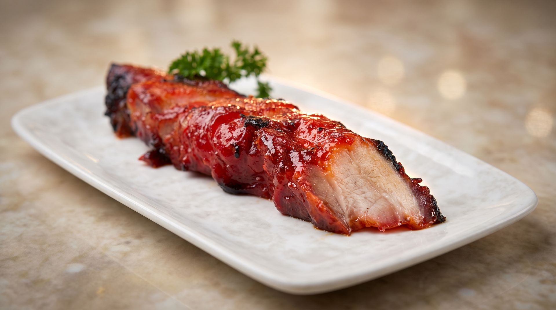 Glazed roasted pork belly on a white rectangular plate with parsley garnish.