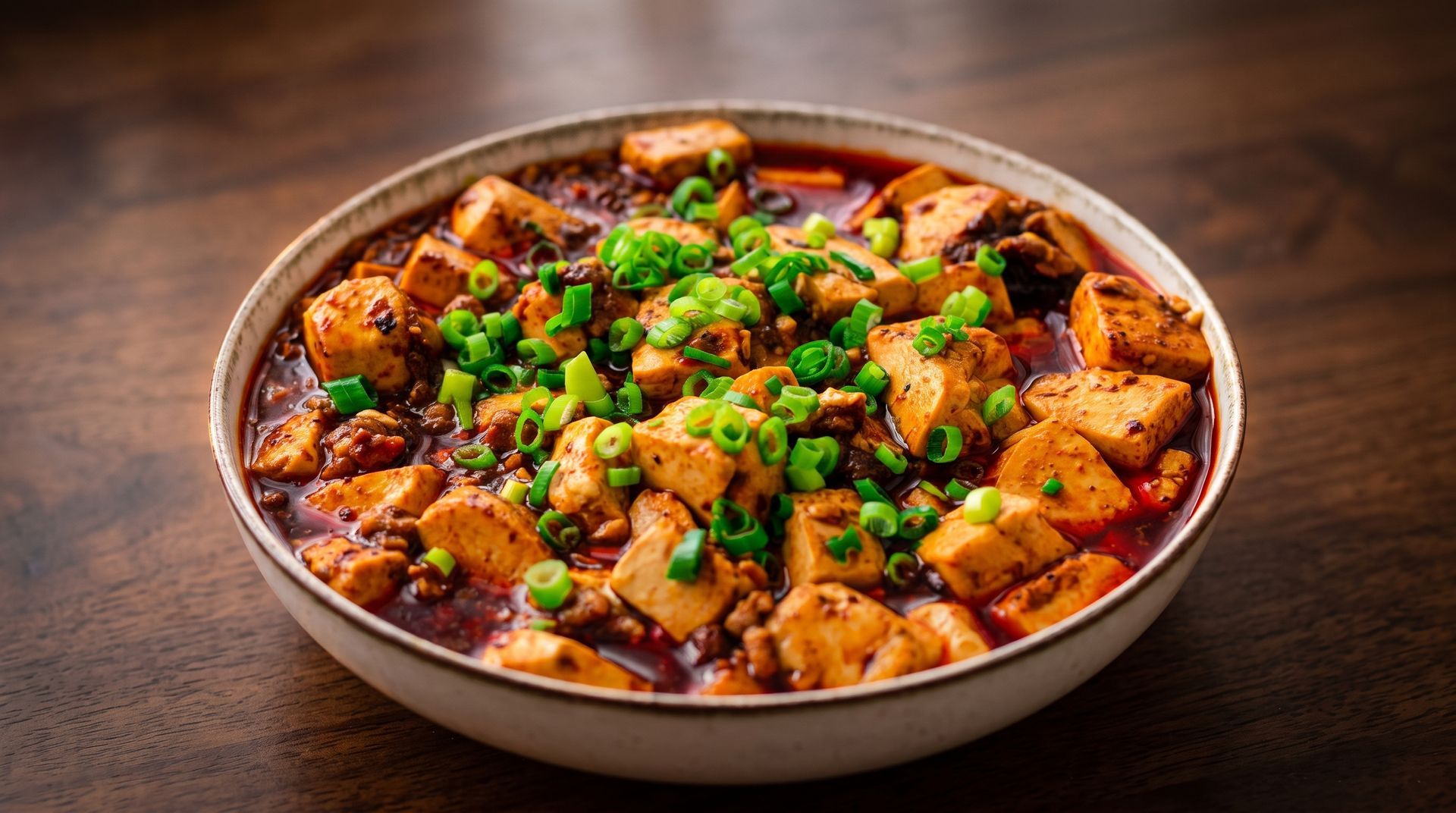 Bowl of spicy stir-fried tofu garnished with green onions on a wooden table