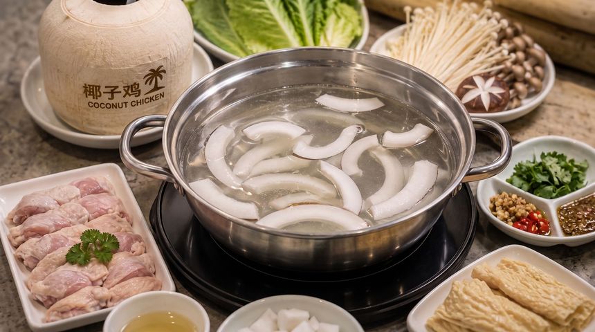 Hot pot spread with sliced mushrooms, greens, tofu, meat, and dipping sauces around a simmering broth