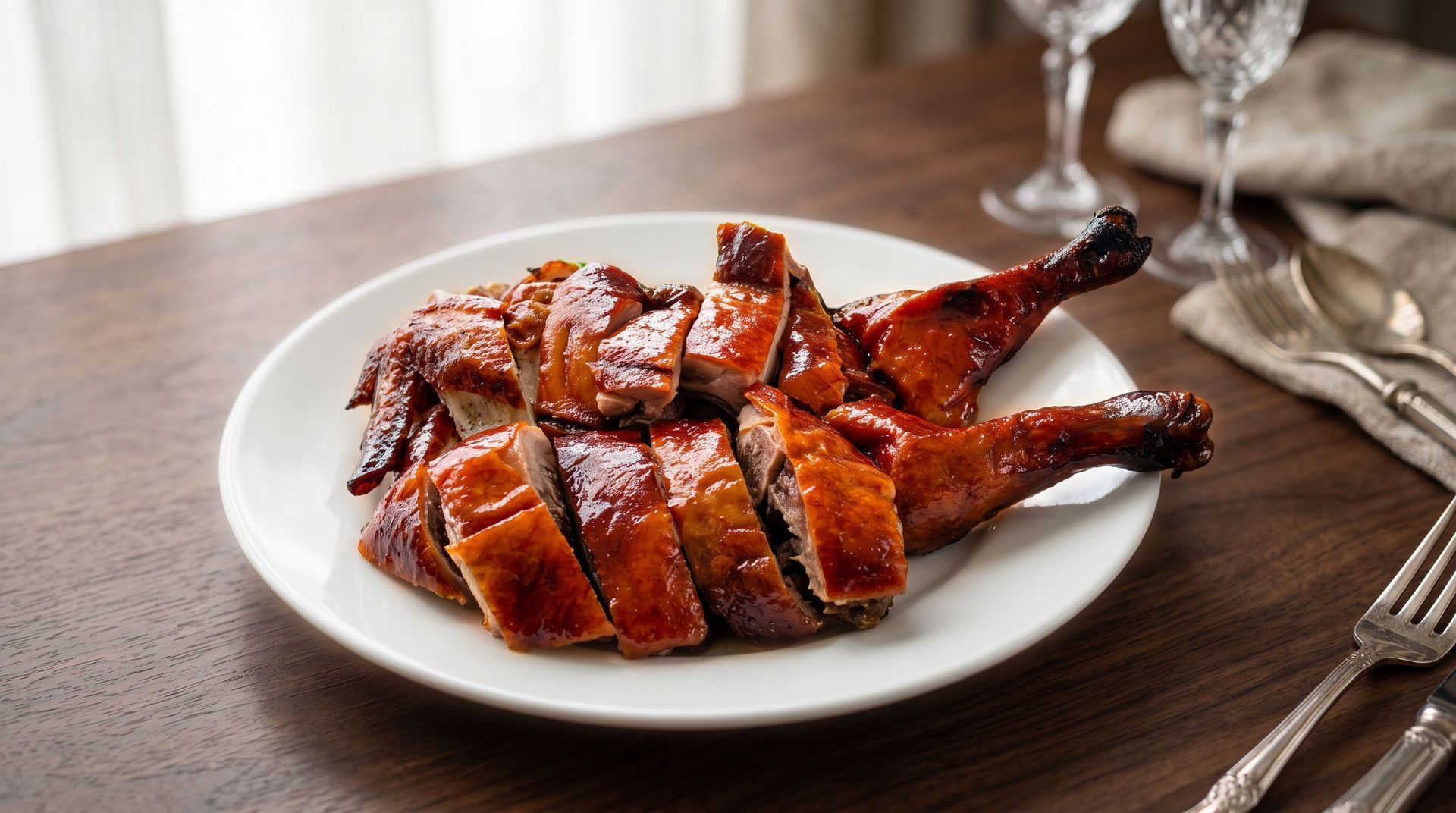 Roasted glazed chicken on a white plate on a wooden table, with silverware and a napkin nearby