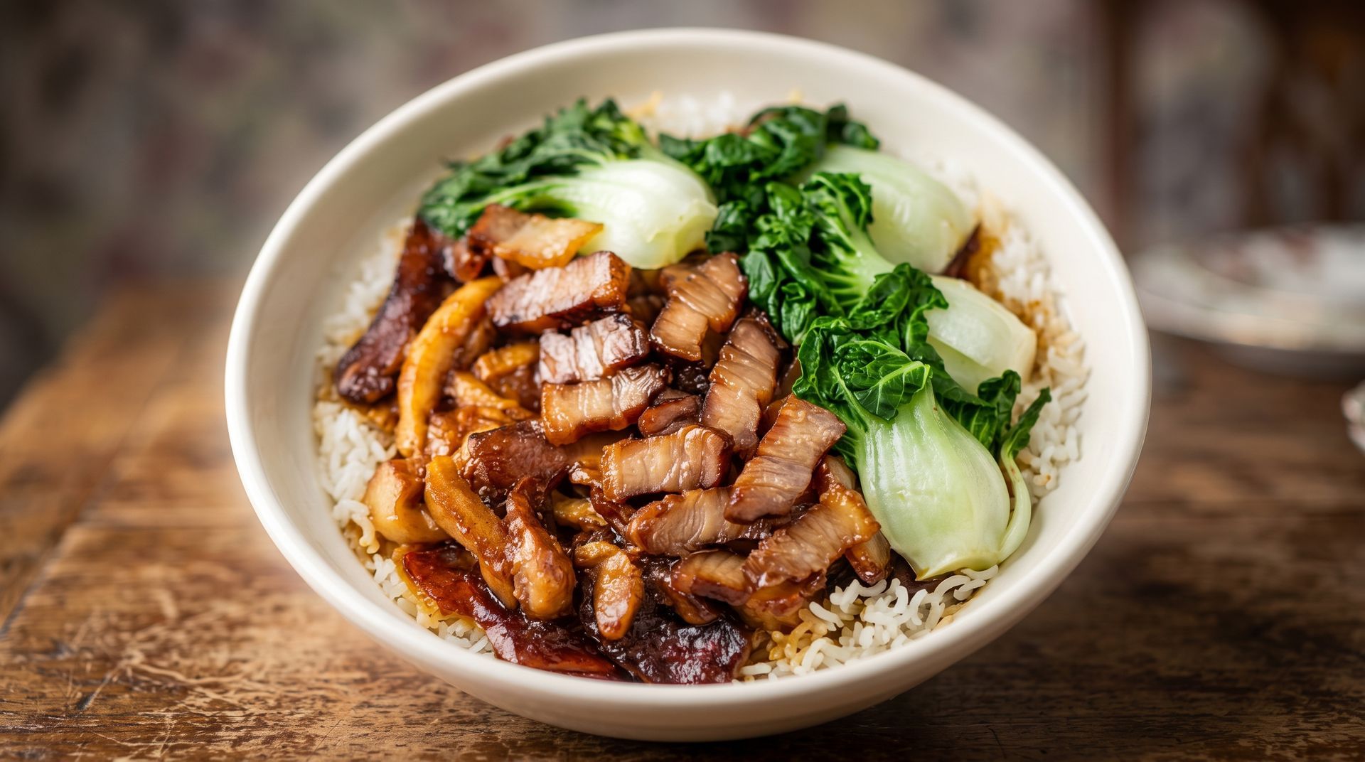 Bowl of rice topped with sliced glazed meat, greens, and bok choy on a wooden table