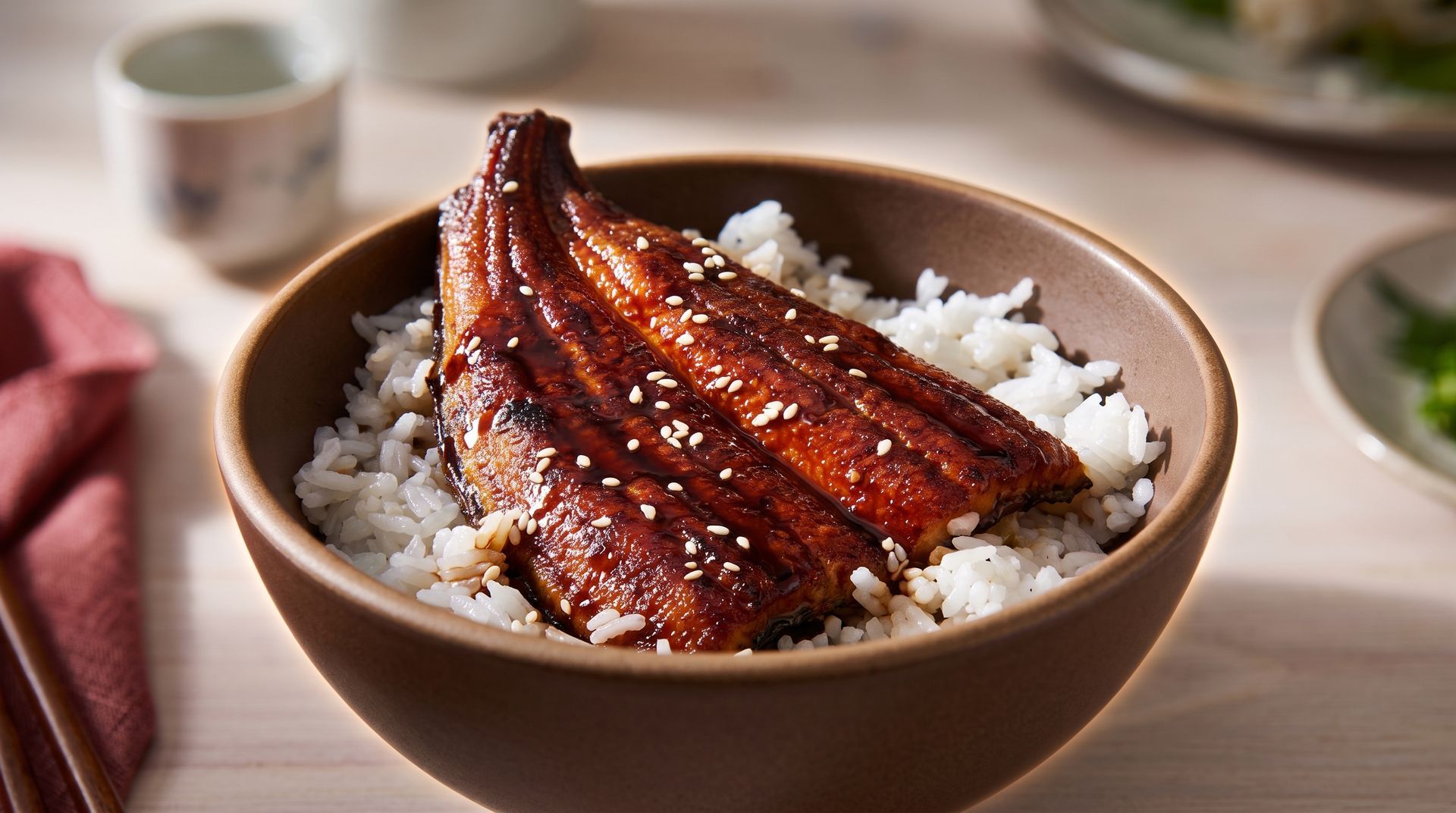 Bowl of rice topped with glazed grilled fish on a table
