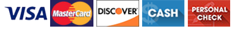 Visa, MasterCard, Discover, cash, and personal check payment icons in a row