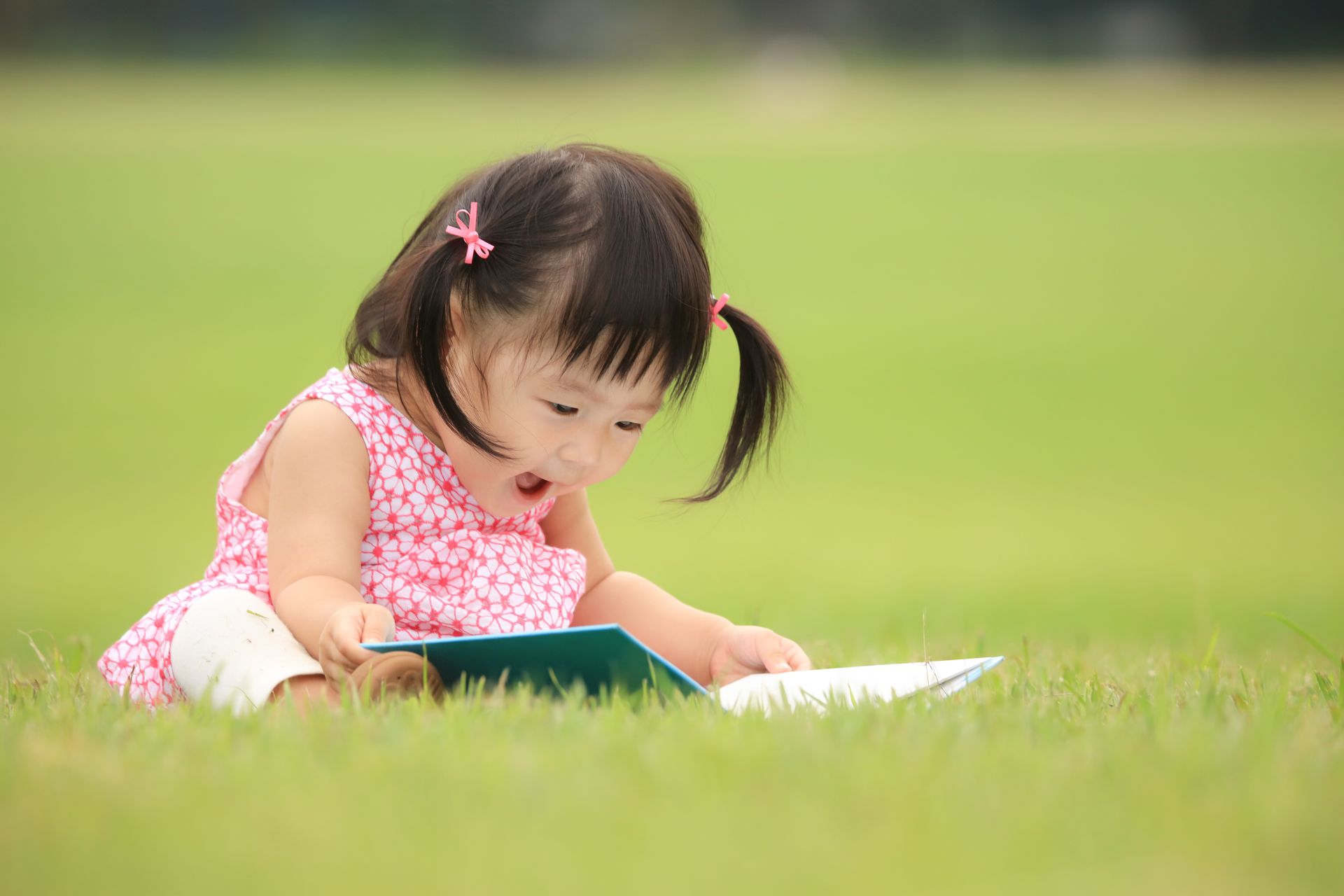 A little girl is sitting on the grass reading a book.