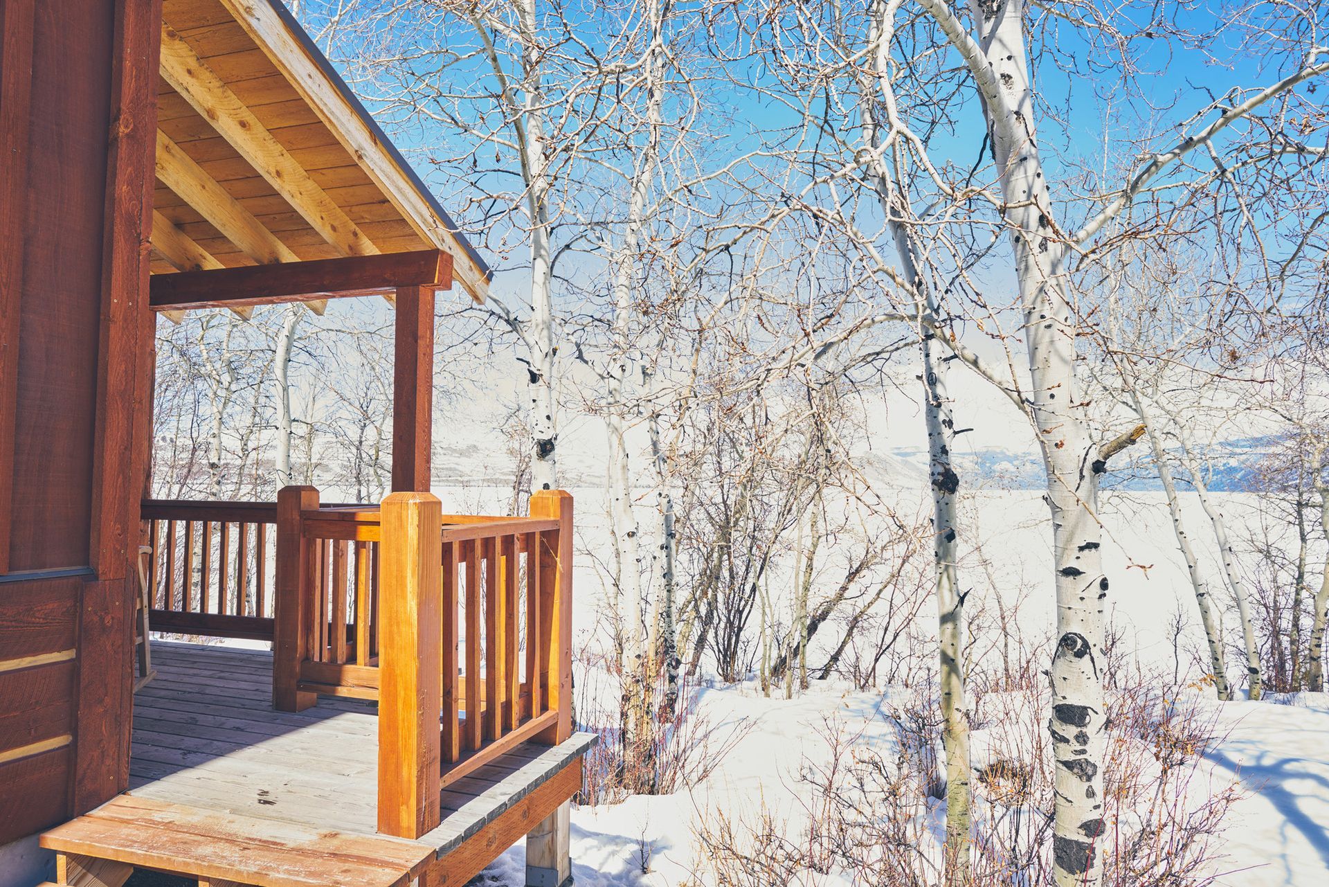 Snowy cabin porch with wooden railing and bare birch trees overlooking a bright winter landscape