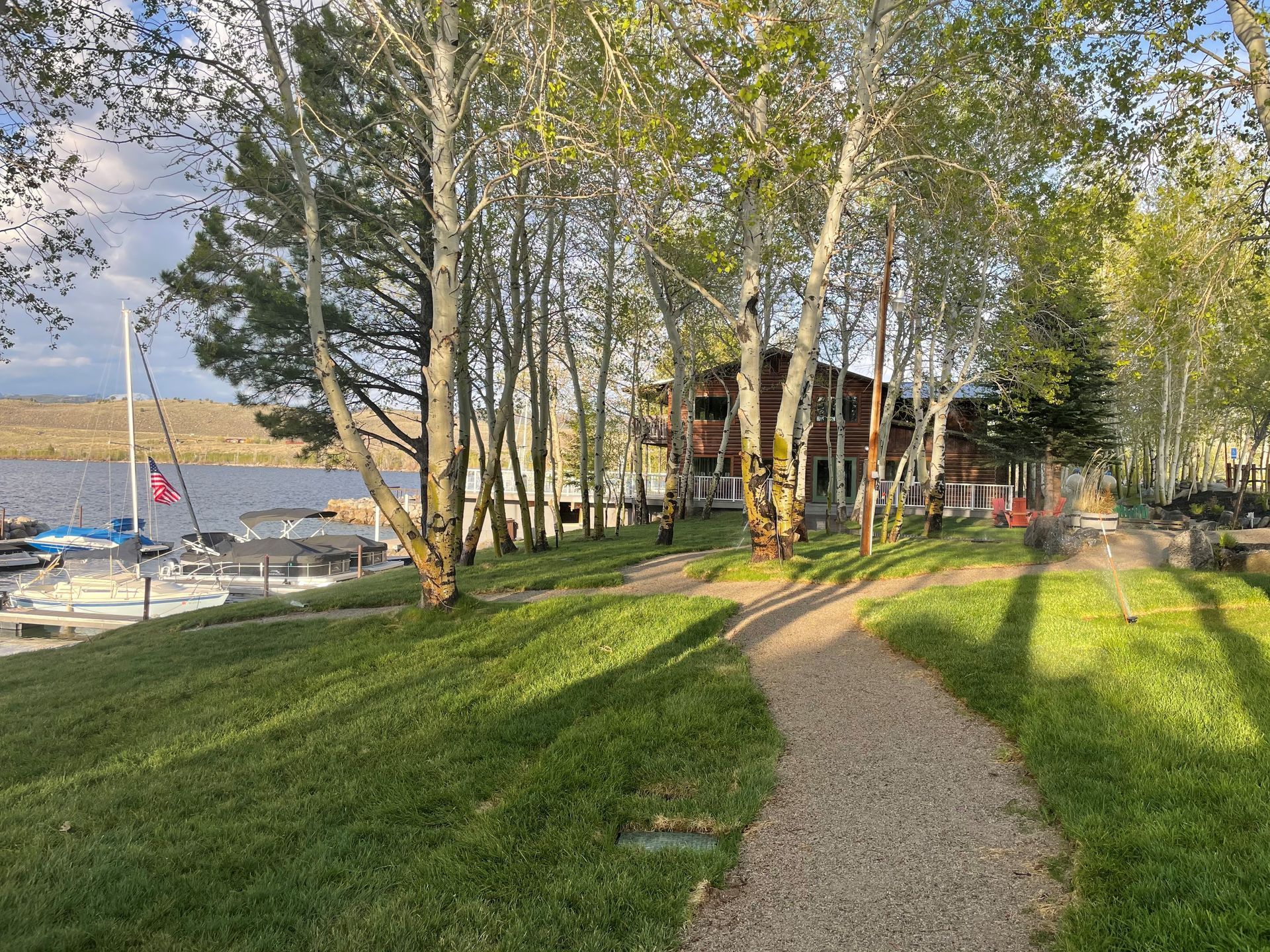 Gravel path through sunlit trees toward a lakeside cabin with docks and boats in the background