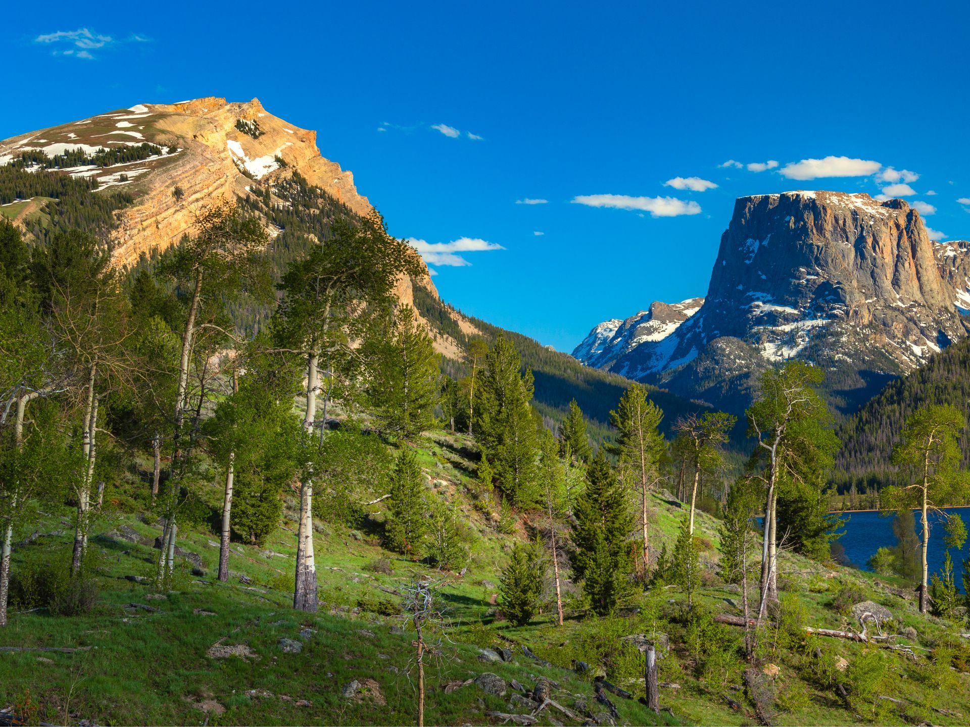 Mountain landscape with green forest, blue sky, and sunlit rocky cliffs.