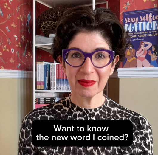 Leora Tanenbaum wearing leopard-print top and purple glasses with text saying she coined a new word: misogynam.