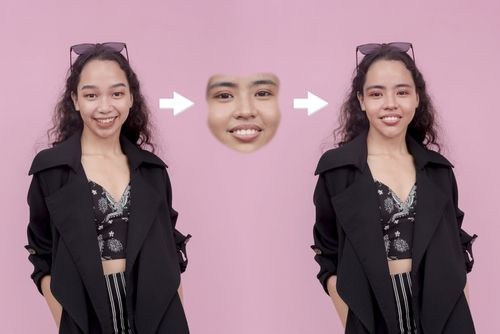 Image of young woman's face being attached to image of another woman's body via deepfake technology.