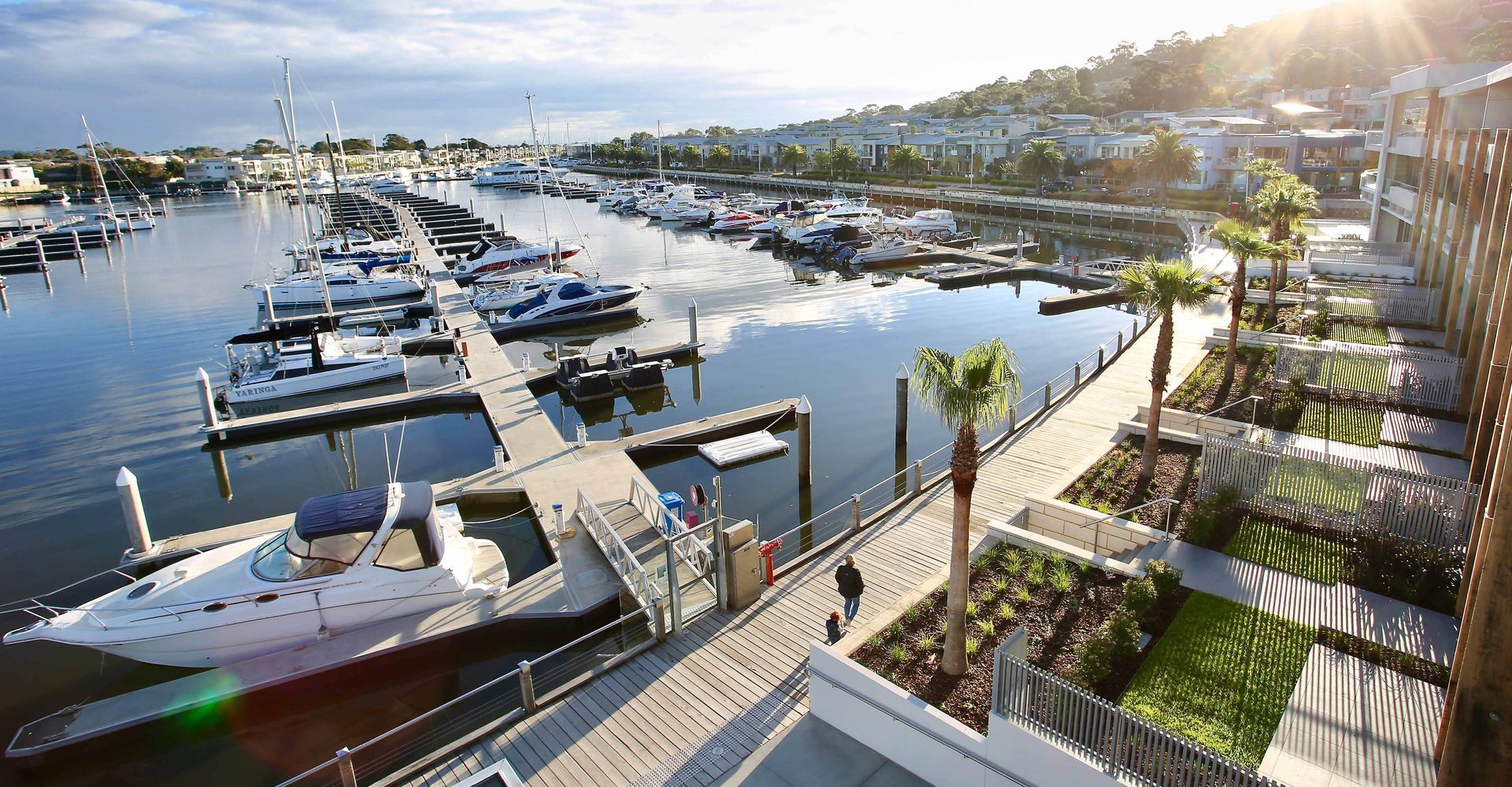 Sunlit marina with yachts docked along calm water beside a palm-lined promenade and hillside homes