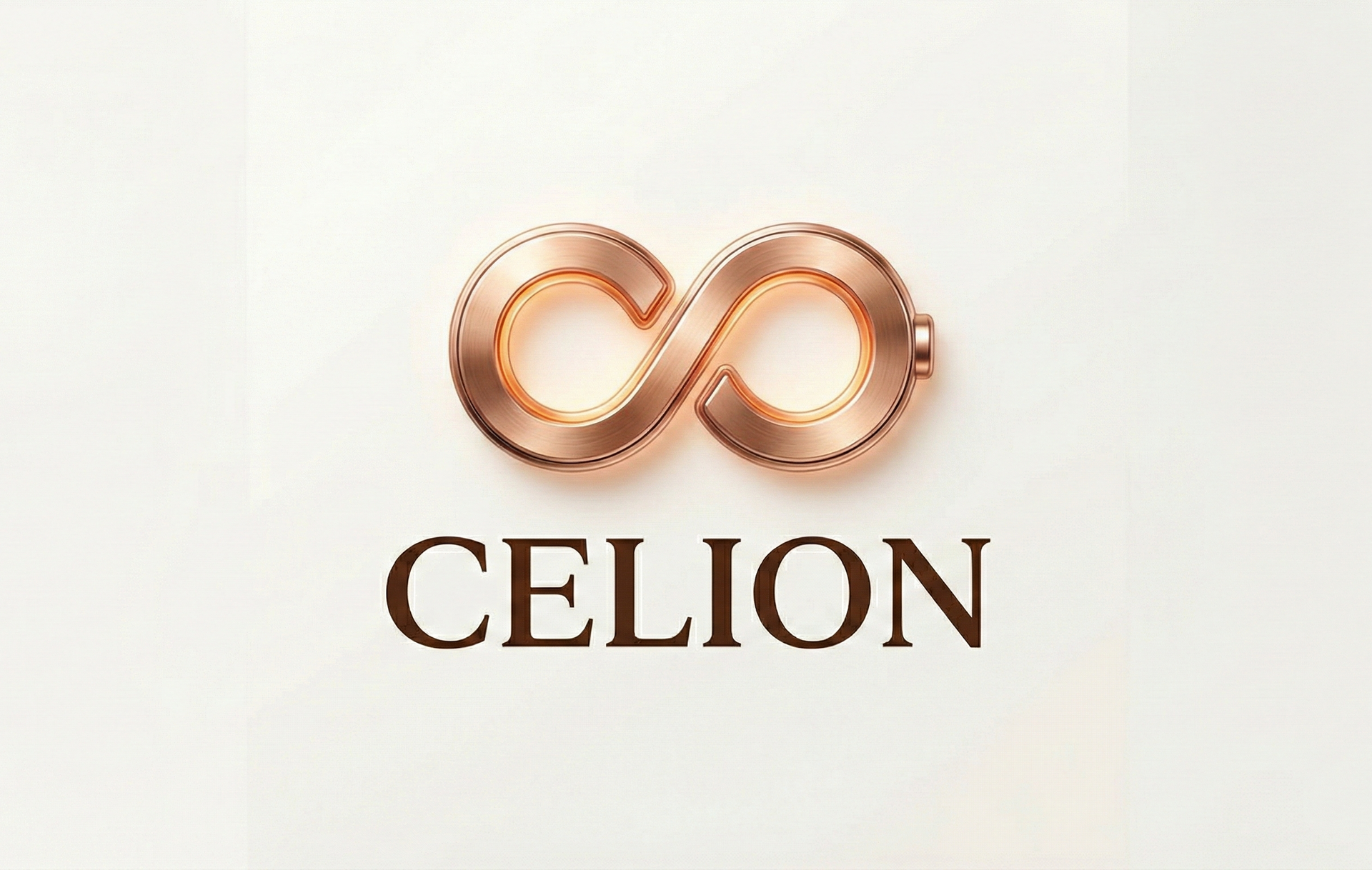 Koperkleurig logo in oneindigheidsstijl boven het woord "CELION" op een lichte achtergrond.