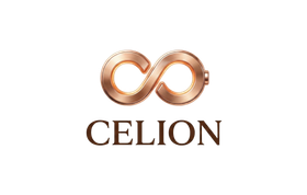 Het CELION-logo met een koperkleurig oneindigheidssymbool boven de merknaam.