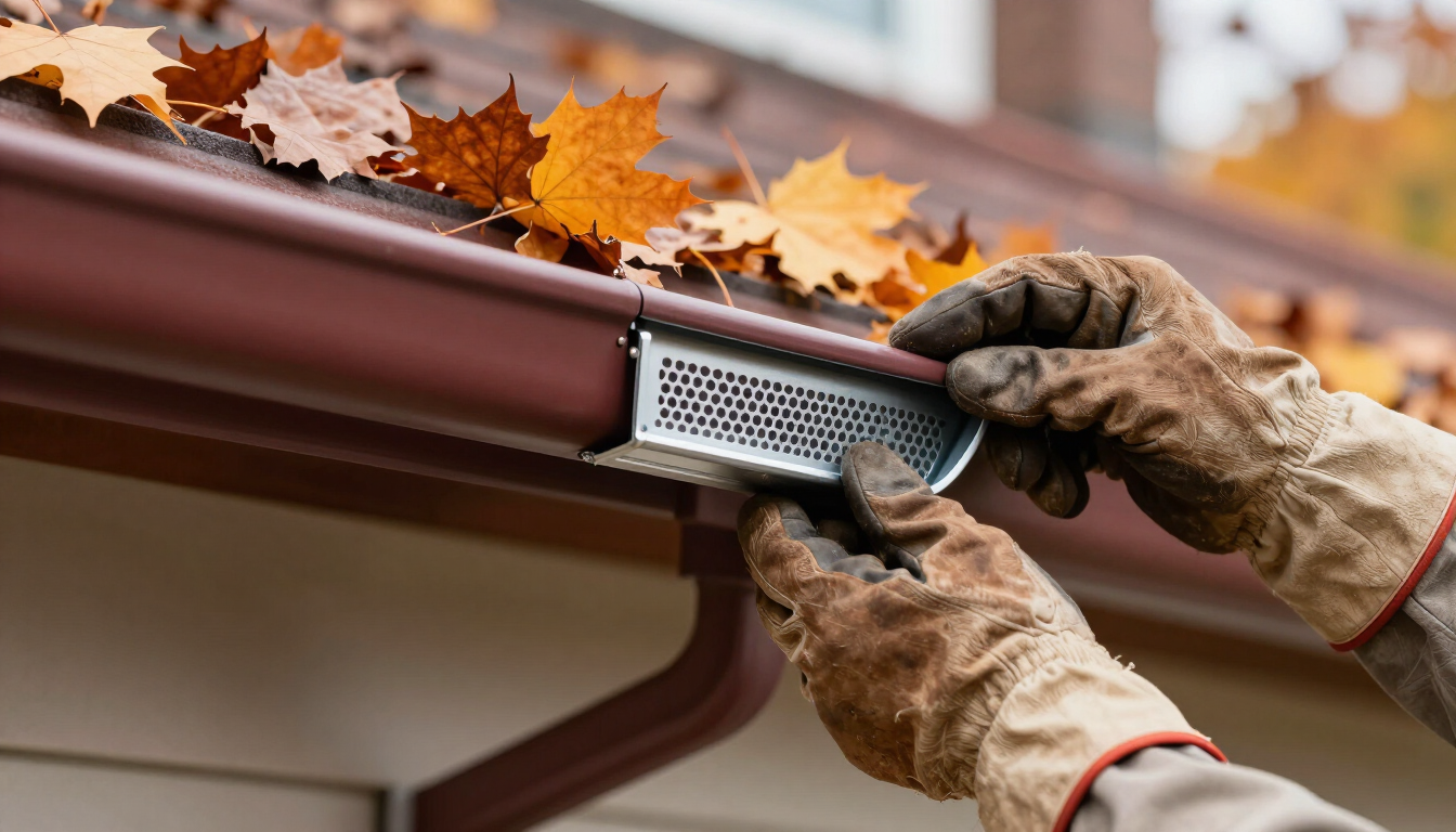 Gloved hands cleaning leaves from a rain gutter on a house roof edge