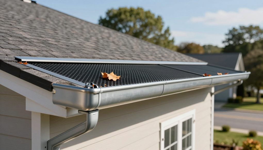 Roof gutter covered with a leaf guard on a house corner.