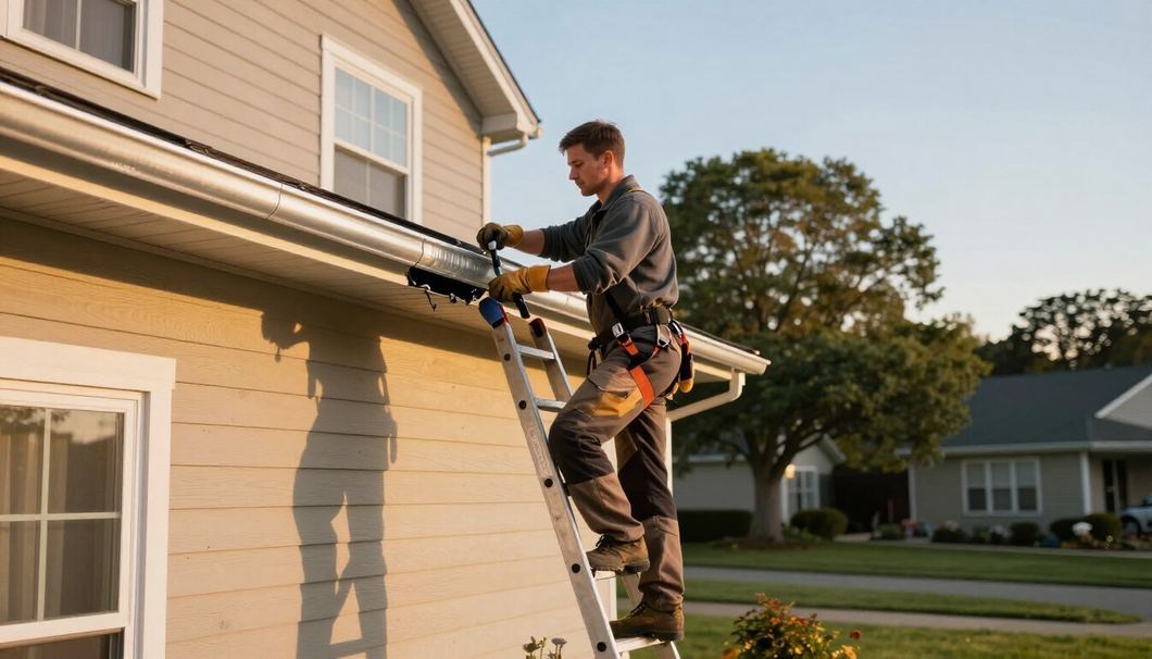 Worker on a ladder cleaning the gutter of a beige house at sunset.