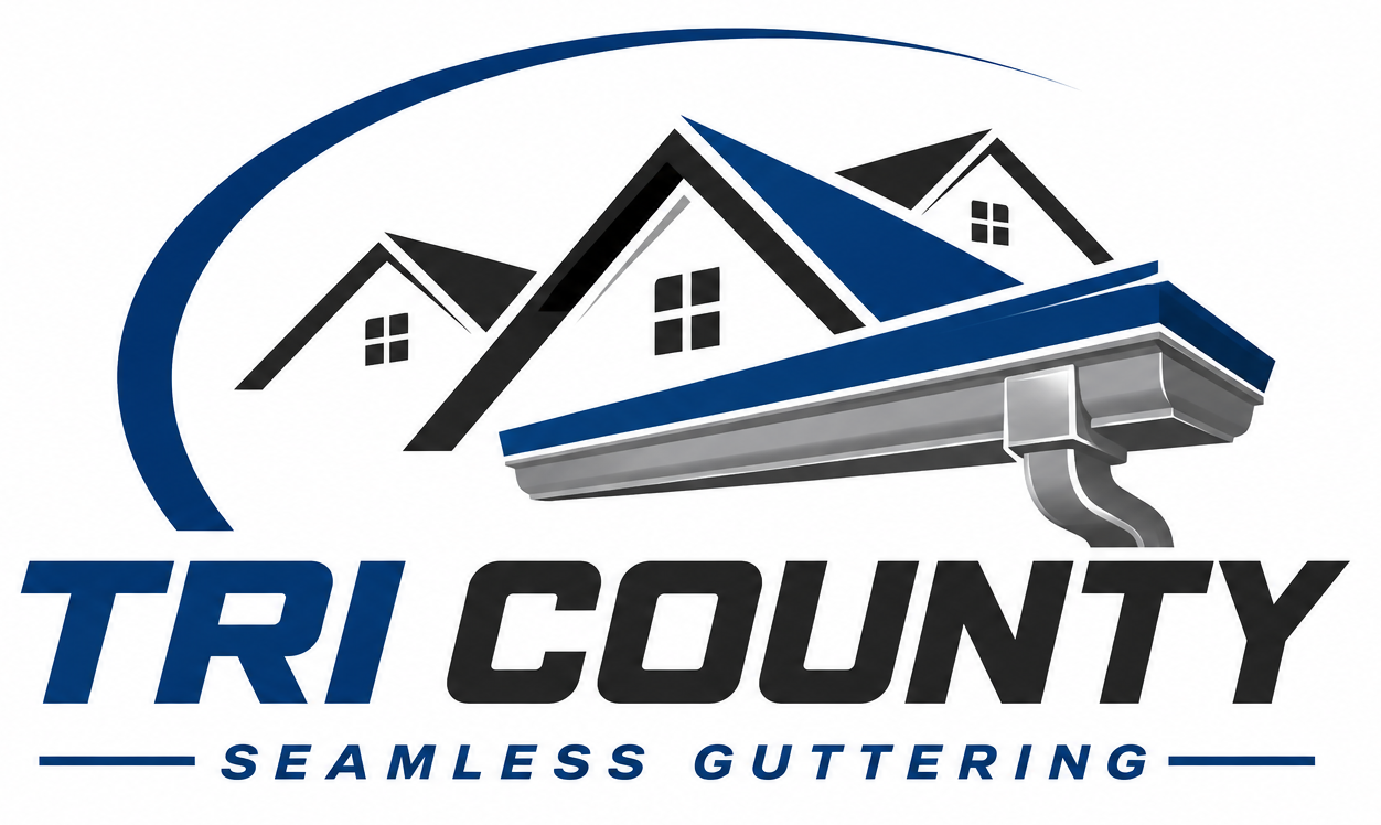 Tri County Seamless Guttering logo with blue and gray roof and gutter graphic