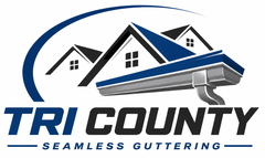 Tri County Seamless Guttering logo with blue and gray roof and gutter graphic