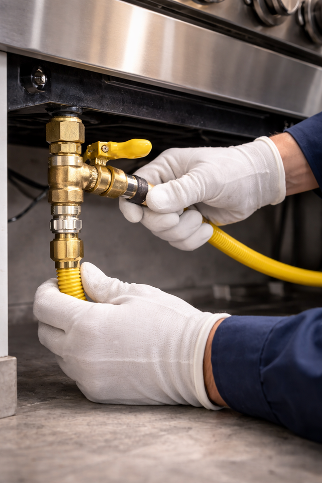 Gloved hands connecting a yellow gas hose to a kitchen appliance valve