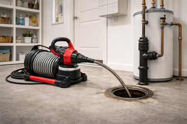 Drain snake clearing a floor drain in a basement beside plumbing and a water heater