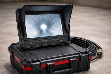 Portable inspection monitor in a black case showing a bright circular tunnel view with coiled cable beside it