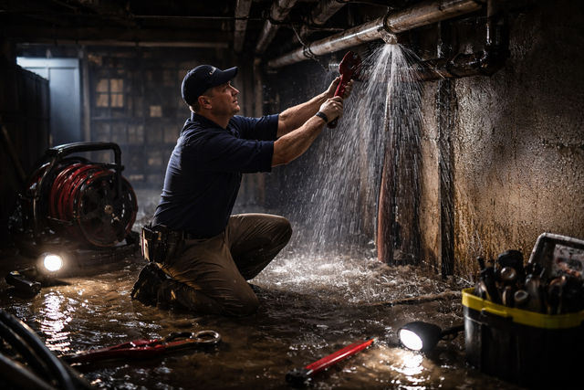 Worker kneeling in a flooded basement, repairing a leaking pipe with a wrench under dim light.