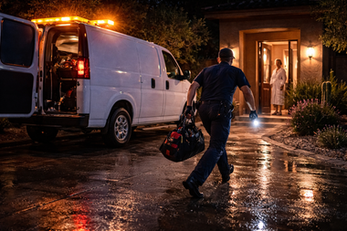 Police officer carrying a bag beside a white van outside a house at night, with rain-soaked pavement