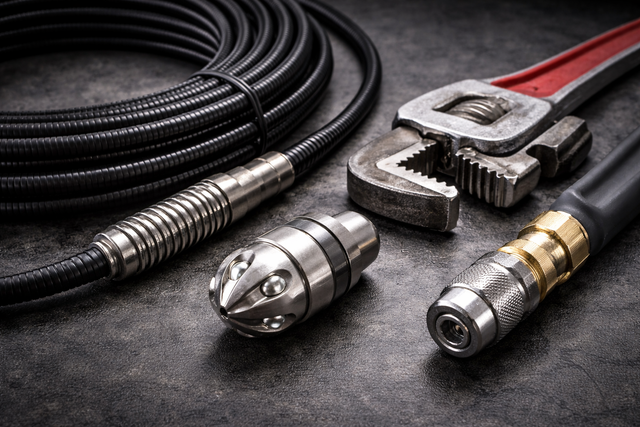 Coiled black hose with metal fittings beside a red-handled wrench on a dark surface