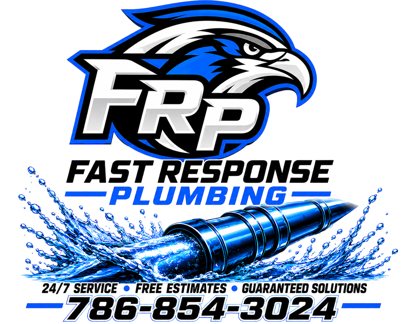 Fast Response Plumbing logo with blue eagle, pipe graphic, and phone number 786-854-3024