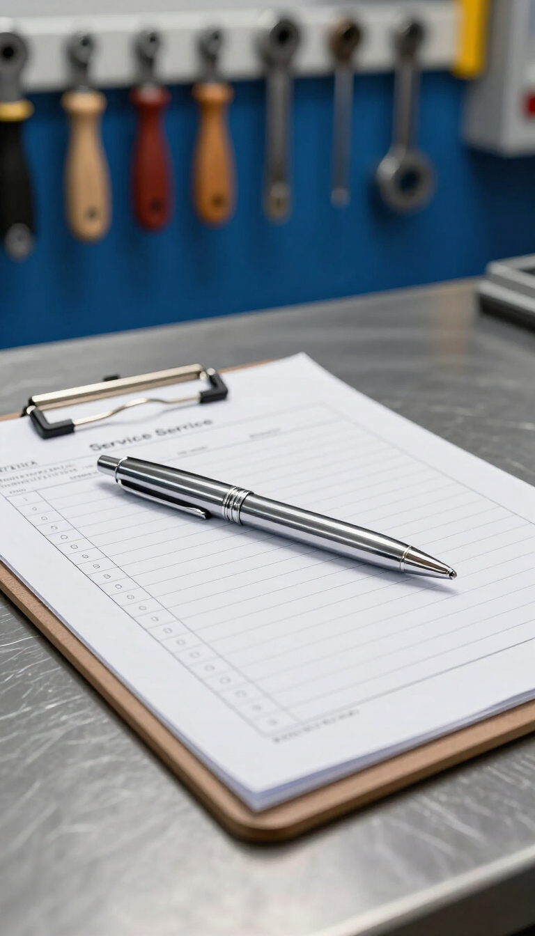 Clipboard with lined paper and two pens on a workbench, with tools blurred in the background