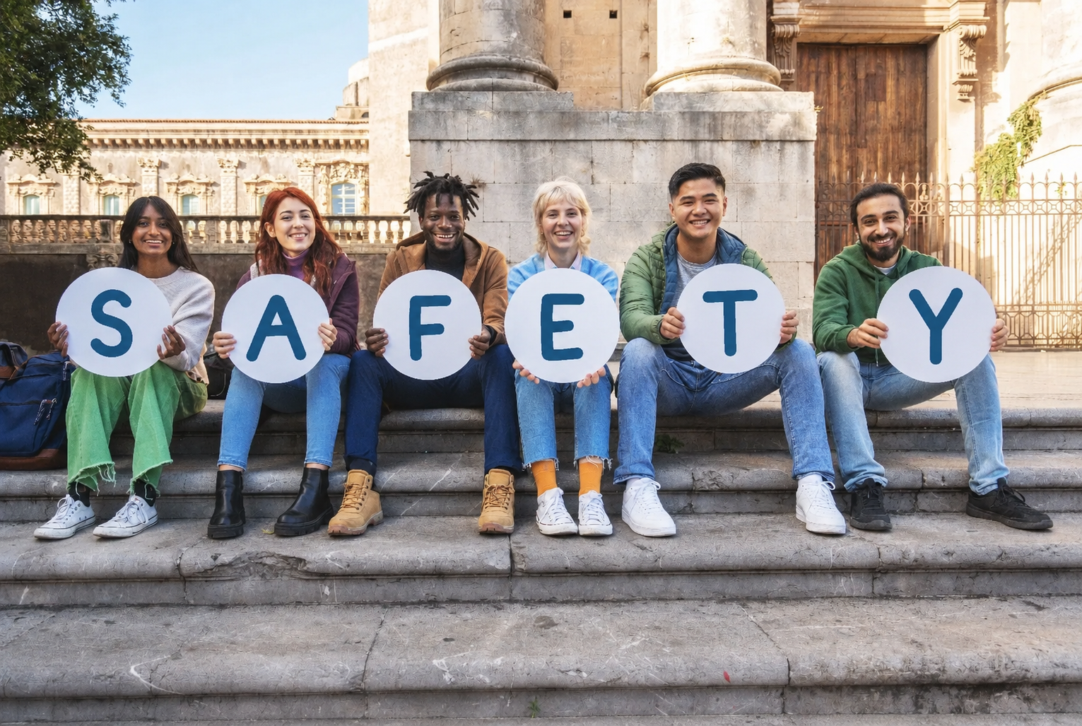 Group of people holding letters spelling SAFETY