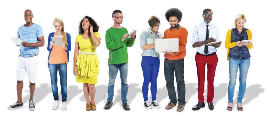 People of various skin tones standing and looking at tablets, phones, and a laptop.