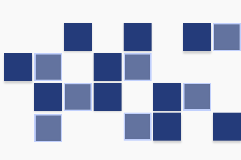 Blaue und graue Quadrate, die zufällig auf einem weißen Hintergrund angeordnet sind.