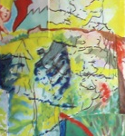 Abstraktes Aquarellgemälde mit sich überlappenden grünen, gelben, blauen und roten Formen und Linien.