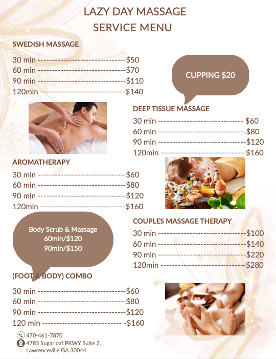 A flyer for a luxury day massage with a woman getting a massage.