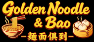 Golden Noodle & Bao logo with orange noodle bowl, bao buns, and Chinese text on a black background