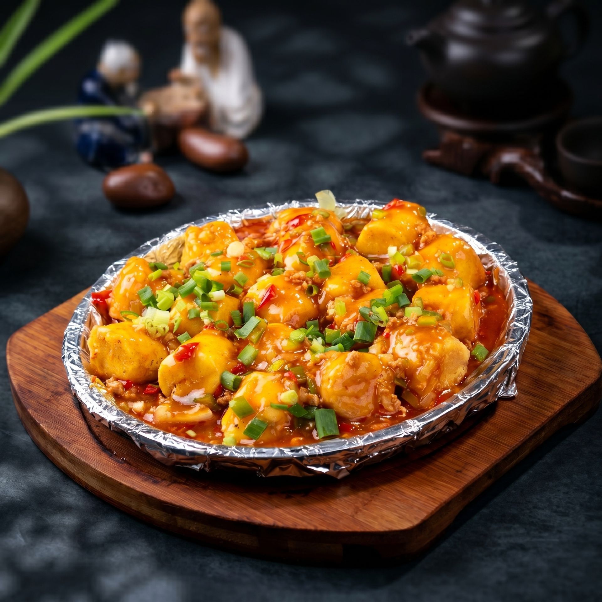 Foil tray of spicy curry topped with herbs on a wooden board, with blurred figurines in the background