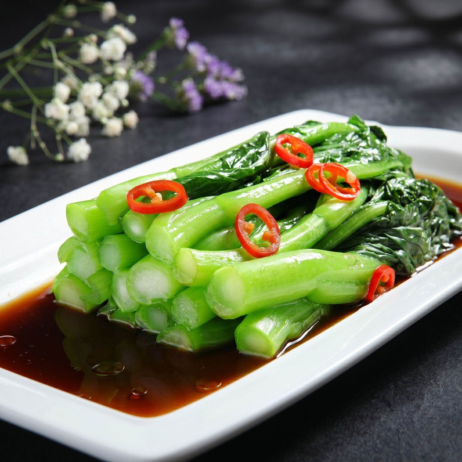 Chinese-style green vegetables in dark sauce, garnished with red chili slices on a white plate