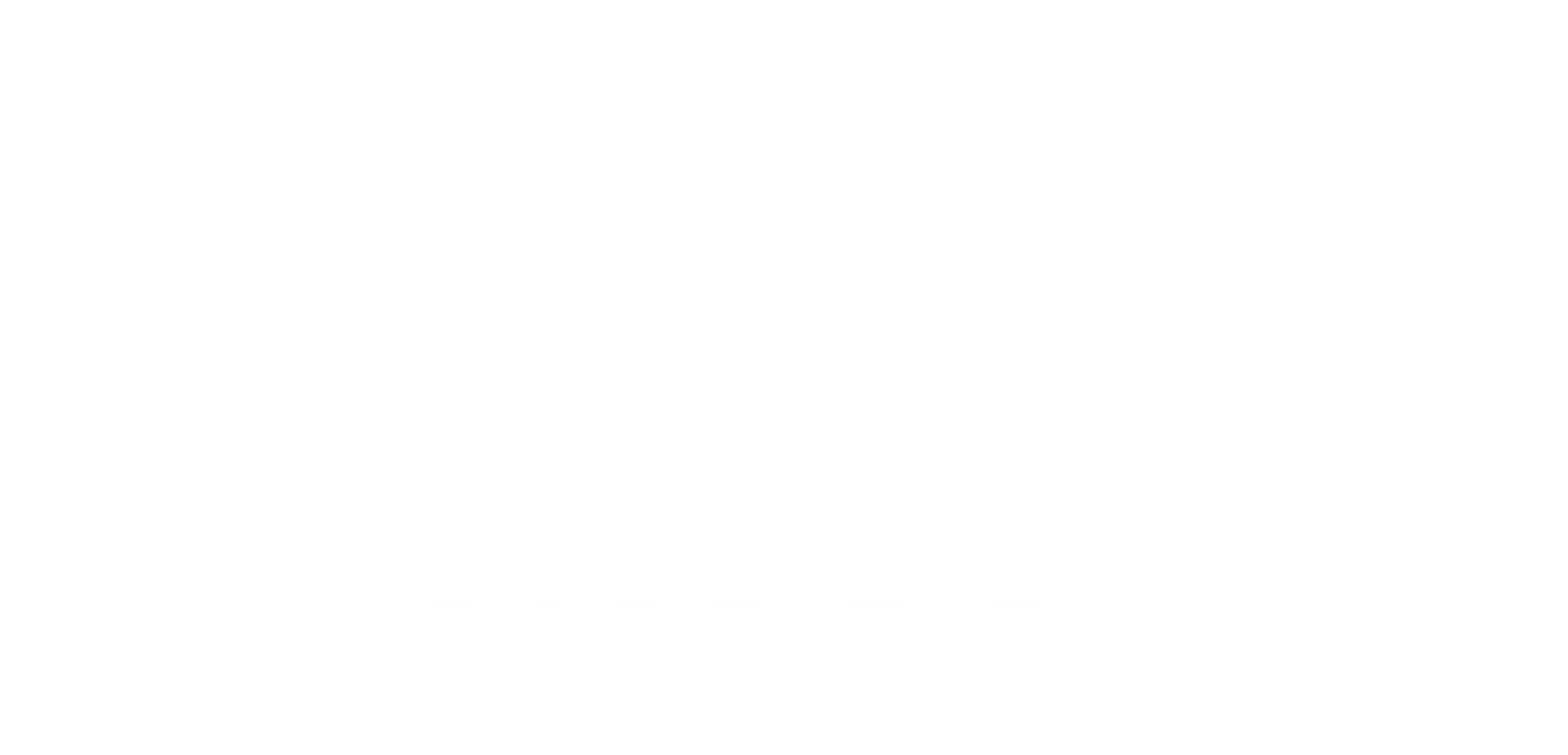 White logo with an upward curving line.