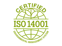 ISO 14001 certification logo, green with globe and leaves, text 
