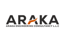 Logo of ARAKA ENG. CONSULTANCY L.L.C. Blue triangle with red and blue sections; blue ARAKA text; blue 
