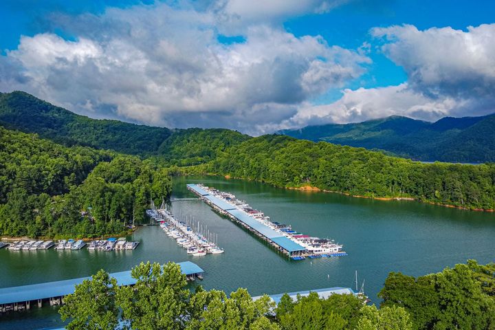 Aerial view of marina docks in a cove surrounded by forested mountains