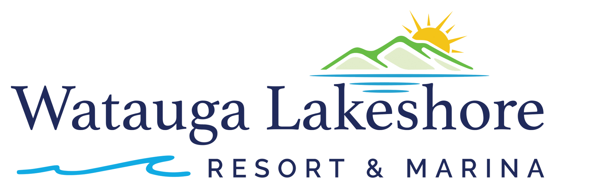 Watauga Lakeshore Resort & Marina logo with sun, mountains, and blue wave graphic