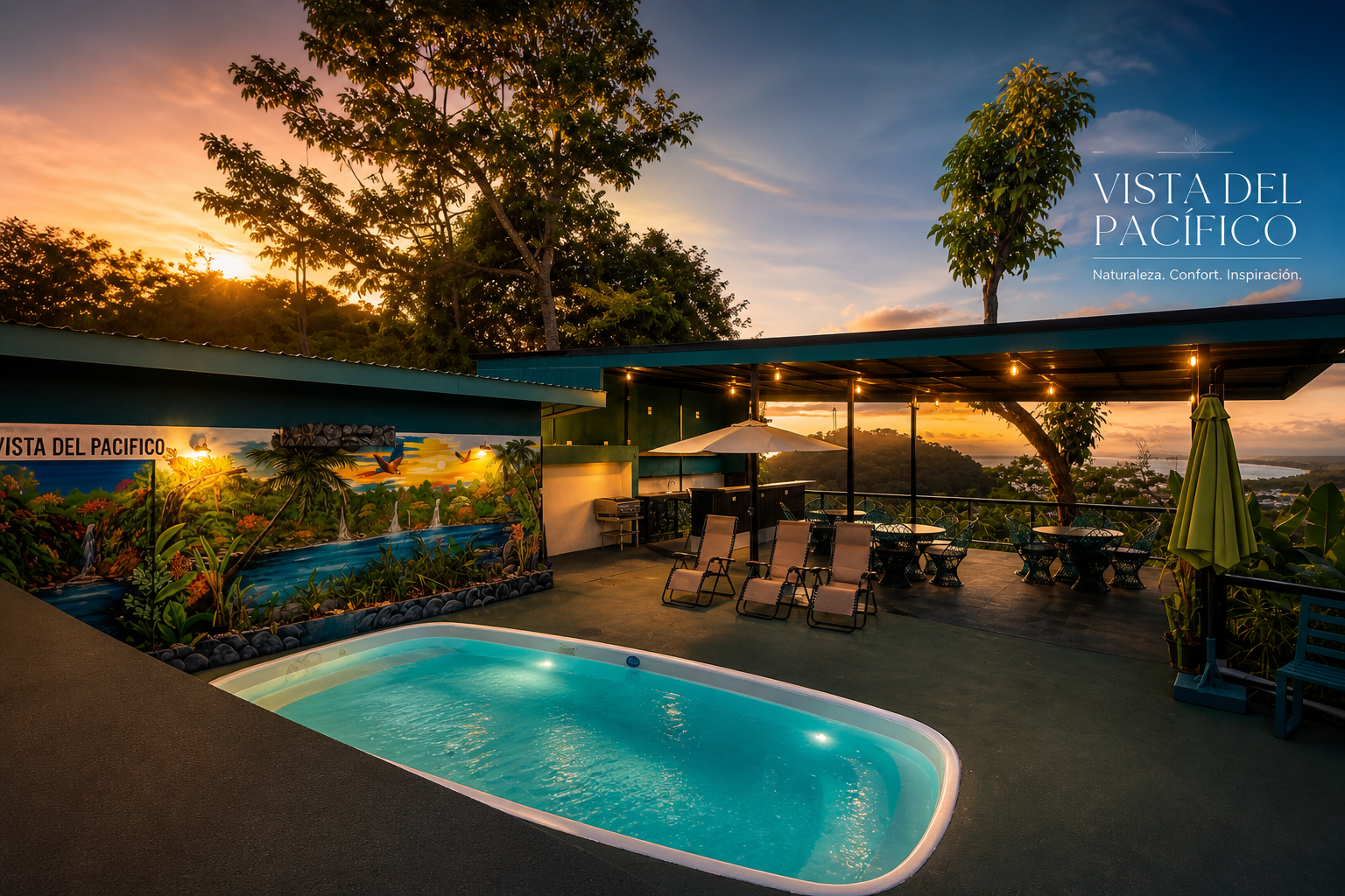 Piscina y patio de lujo en el resort al atardecer con tumbonas, palmeras y vista al océano.