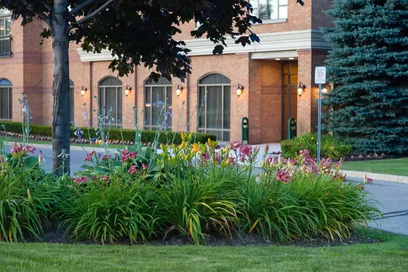 Flowers bloom in front of a brick building, with a tree to the left and entrance in the background.