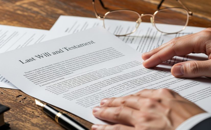 Hands on a Last Will and Testament document, glasses, and a pen on a wooden table.