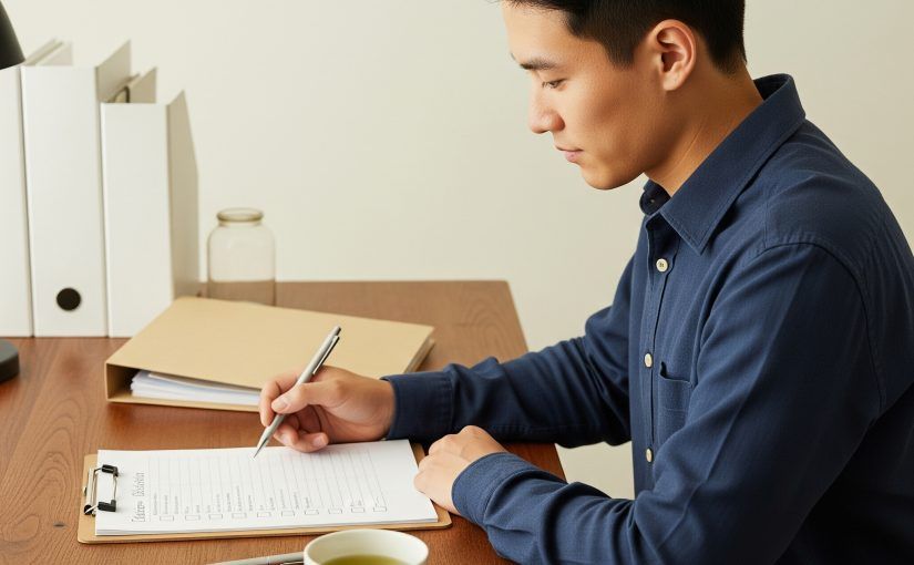 Man in blue shirt writing on a clipboard at a desk. Brown wood, white wall, folders in background.