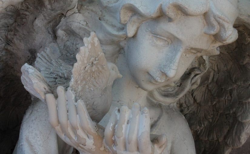 Statue of an angel holding a dove, carved in white stone with a serene expression.