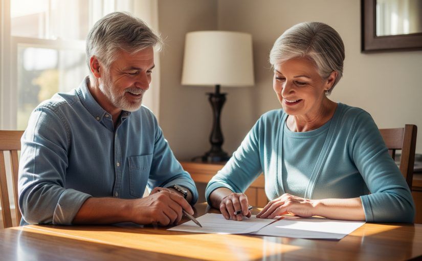 Older couple reviewing documents at a table, smiling. Inside a well-lit room, sunlight streams in.