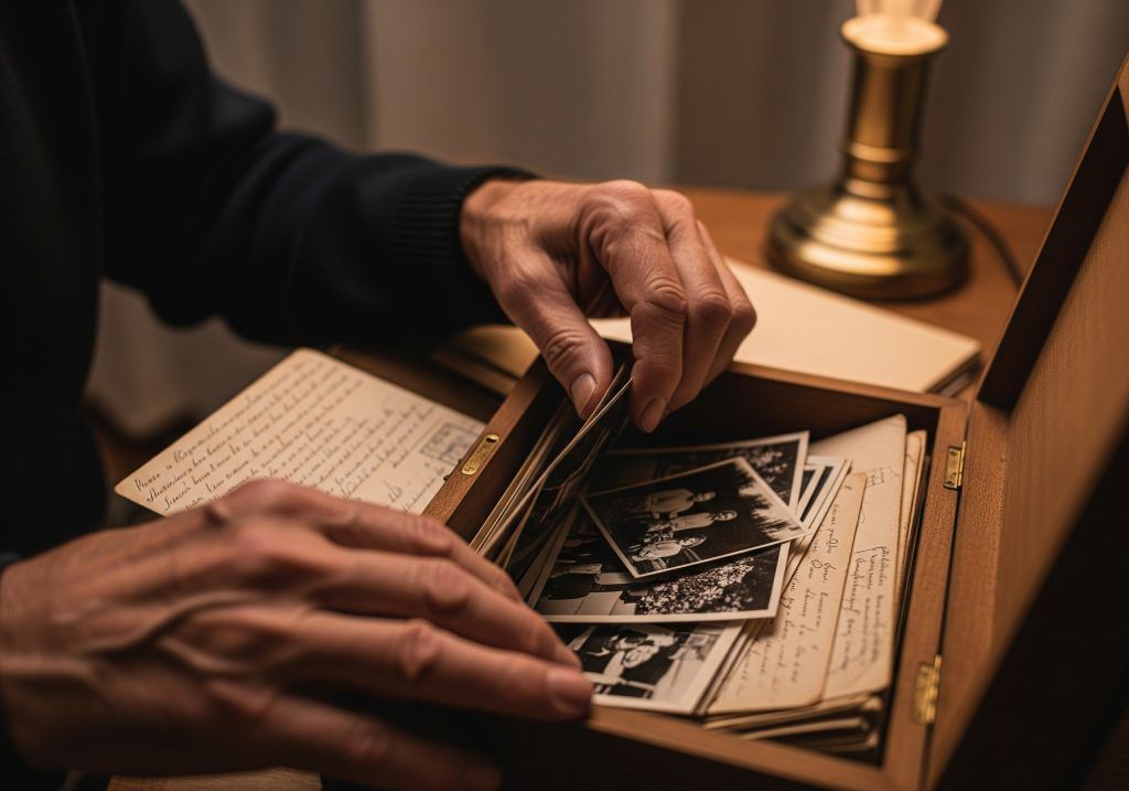 An elderly person's hands sifting through old photos in a wooden box, lit by a bedside lamp.
