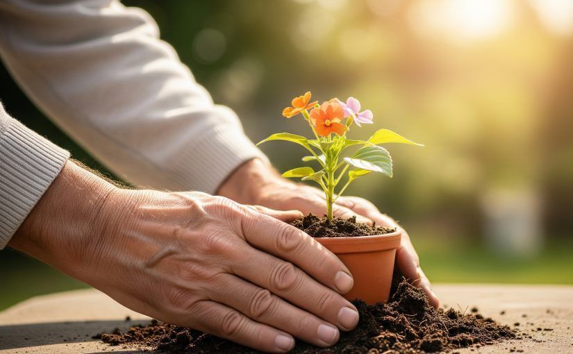 Hands gently place a potted flower into soil, sunny outdoor setting.